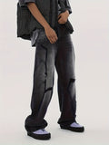 kkboxly  Men's Street Ripped Pants Design Sense Black Jeans, Male's Handsome Trend Loose Straight Pants