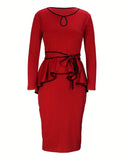 kkboxly Elegant Work Two-piece Set, Long Sleeve Keyhole Tops & Bag Hip Knee Length Skirts Outfits, Women's Clothing