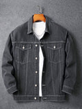 kkboxly Men's Trendy White Line Double Pocket Loose Denim Jacket