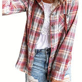 Hooded Plaid Print Blouse, Casual Button Front Drawstring Long Sleeve Blouse, Women's Clothing