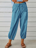 kkboxly  Plus Size Casual Pants, Women's Plus Solid Bow Knot Elastic Button Decor Pants With Pockets