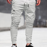 Trendy Solid Drawstring Cargo Pants, Men's Multi Flap Pocket Trousers, Loose Casual Outdoor Pants, Men's Work Pants Outdoors Streetwear Hip Hop Style