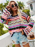 kkboxly  Hollow Striped Knit Sweater, Casual Crew Neck Long Sleeve Sweater, Women's Clothing