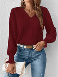 2025 kkboxly  Solid Striped Blouse, Casual Shirred V Neck Long Sleeve Blouse, Women's Clothing