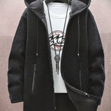 kkboxly  Warm Mid-length Hooded Fleece Coat, Men's Comfortable Solid Color Zip Up Knitted Cardigan For Spring Fall