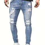 kkboxly  Slim Fit Ripped Jeans, Men's Casual Street Style Distressed Mid Stretch Denim Pants For Spring Summer