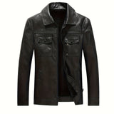 kkboxly  Chic PU Jacket, Men's Casual Thermal Solid Color Zip Up Turn-Down Collar Faux Leather Jacket For Winter Fall