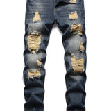 kkboxly  Regular Fit Ripped Jeans, Men's Casual Street Style Distressed Denim Pants For All Seasons