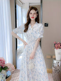 kkboxly  Floral Print Shirred Waist Dress, Elegant Short Sleeve Dress For Spring & Summer, Women's Clothing