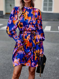 kkboxly Abstract Print Tucked Dress, Boho Long Sleeve Mock Neck Dress, Women's Clothing