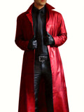 kkboxly  Men's Chic Pu Overcoat, Casual Lapel Stretch Button Up Faux Leather Long Coat For Spring Fall