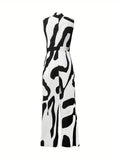 kkboxly  Abstract Print Button Front Jumpsuit, Casual Sleeveless Wide Leg Jumpsuit For Spring & Summer, Women's Clothing