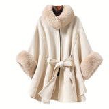 kkboxly  Elegant Large Warm Cape Imitation Otter Rabbit Fur Collar Shawl Loose Large-size Sweater Coat Woman For Autumn & Winter
