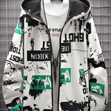Graffiti & Cartoon Bear Pattern Hooded Windbreaker Reversible Jacket, Men's Casual Chic Zip Jacket For Spring Fall