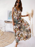 kkboxly  Boho Tropical Print Drawstring Dress, Casual Sleeveless V Neck Slim Waist Maxi Dress, Women's Clothing