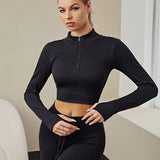kkboxly  Women's Activewear: Fashionable Solid Color Half Zipper Yoga Sports Top with Stretchy Ribbed Knitting for Long Sleeve Fitness Workout Gym Wear