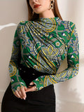 kkboxly  Floral Print Mock Neck Top, Boho Long Sleeve Slim Top For Spring & Summer, Women's Clothing