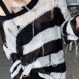 kkboxly  Y2K Striped Crew Neck Ripped Sweater, Long Sleeve Raw Trim Loose Sweater For Spring & Fall, Women's Clothing