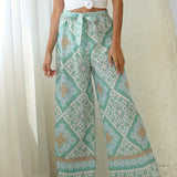 kkboxly  Floral Print Wide Leg Pants With Waist Belt, Boho Loose Pants For Spring & Summer, Women's Clothing