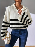 kkboxly  Striped Pattern Half Zip Pullover Sweater, Casual Bell Sleeve Sweater For Fall & Winter, Women's Clothing