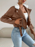 kkboxly  Zip Up PU Leather Jacket, Casual Long Sleeve Solid Outerwear, Women's Clothing