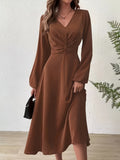 kkboxly  Twist Front Lantern Sleeve Dress, Chic V Neck A-line Dress For Spring & Fall, Women's Clothing