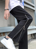 kkboxly  Wide Leg Zipper Side Sweatpants, Men's Casual Solid Color Slightly Stretch Drawstring Pants For Spring Summer