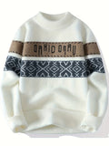 kkboxly  Men's Stylish Geometric Pattern Knitted Pullover, Casual Breathable Long Sleeve Crew Neck Top For City Walk Street Hanging Outdoor Activities