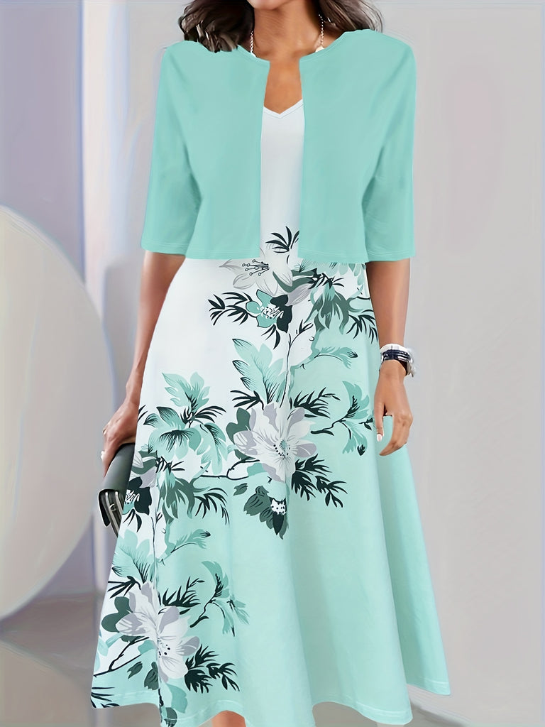 kkboxly Elegant Two-piece Dress Set, Crop Half Sleeve Top & Floral Pri Kkboxly kkboxly Elegant Two-piece Dress Set, Crop Half Sleeve Top & Floral Pri Kkboxly