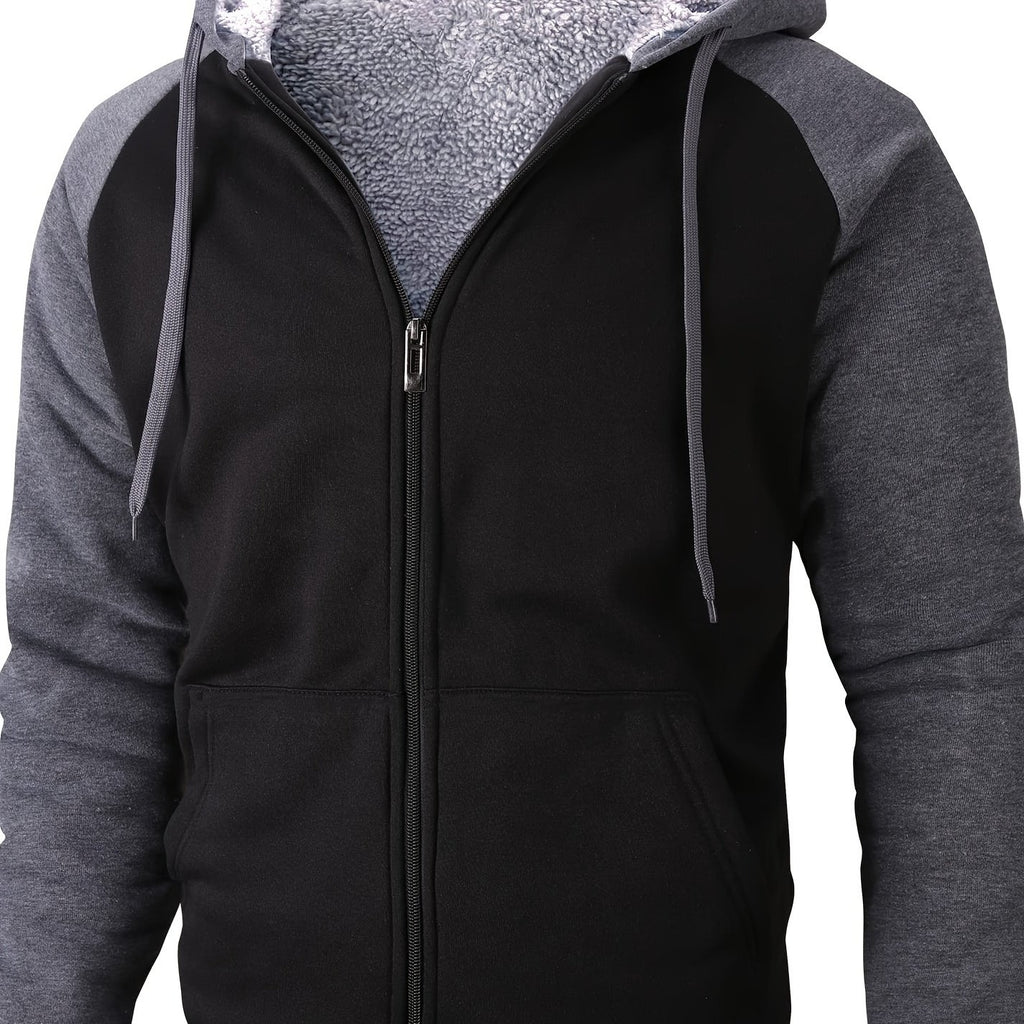 kkboxly  Color Block Sherpa Lined Men's Hooded Jacket Casual Long Sleeve Hoodies With Zipper Gym Sports Hooded Coat For Spring Fall