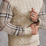 kkboxly  Crew Neck Knitted Sweater, Men's Casual Warm Color Block Plaid Sleeves Slightly Stretch Pullover Sweater For Fall Winter
