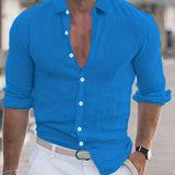 Men's Shirt Top Cotton & Linen Blend Turn-Down Collar Long Sleeves Closure Regular Fit Solid Color Male Casual Shirt For Daily