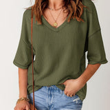 kkboxly  Solid Elegant V Neck T-Shirt, Drop Shoulder Casual Top For Summer & Spring, Women's Clothing
