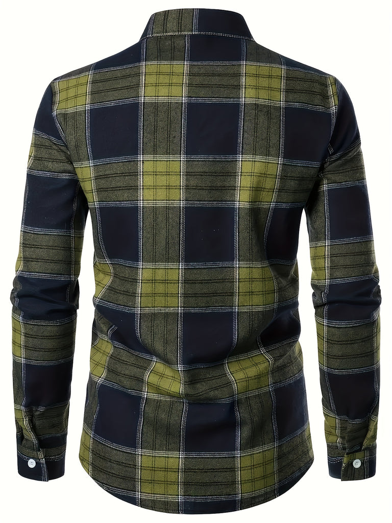 kkboxly  Men's Plaid Pattern Long Sleeve Casual Shirt, Men's Retro Button Up Shirt For Spring Fall