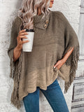 Color Block Tassel Trim Cape Sweater, Casual Asymmetrical Collar Button Sweater, Women's Clothing
