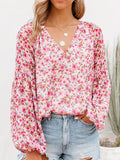 kkboxly   Floral Print Long Sleeve Blouse, V Neck Random Print Casual Top, Women's Clothing