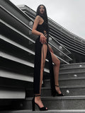 kkboxly  Criss Cross Solid Split Dress, Mock Neck Sleeveless Bodycon Dress, Women's Clothing