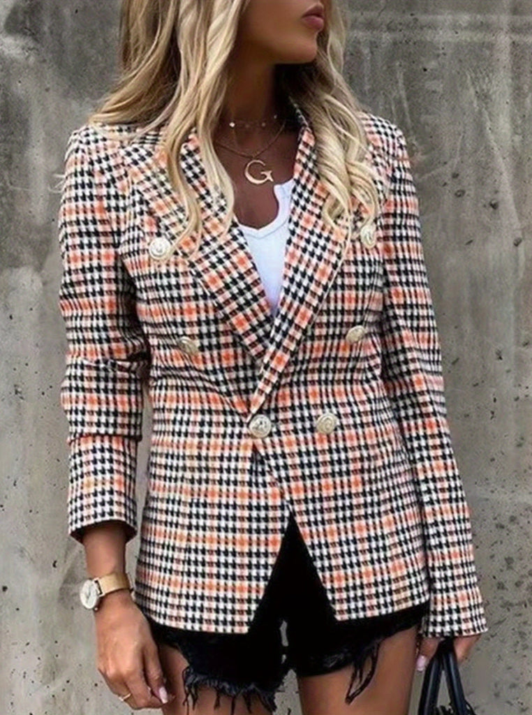 kkboxly  Plaid Print Double Breasted Blazer, Casual Long Sleeve Lapel Outerwear, Women's Clothing