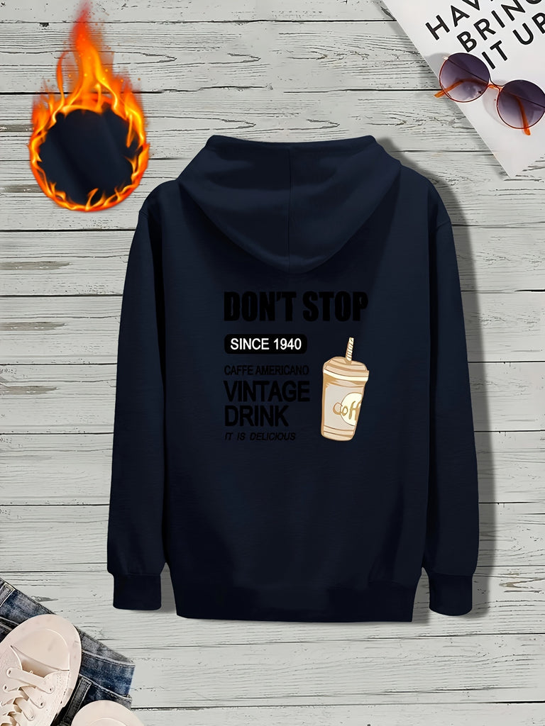 kkboxly  Men's Coffee Drinks And Letter Print Trendy And Versatile Zipper Hoodies Drawstring Fleece Long Sleeve Jacket, Suitable For Autumn And Winter, Suitable For Outdoor Sports