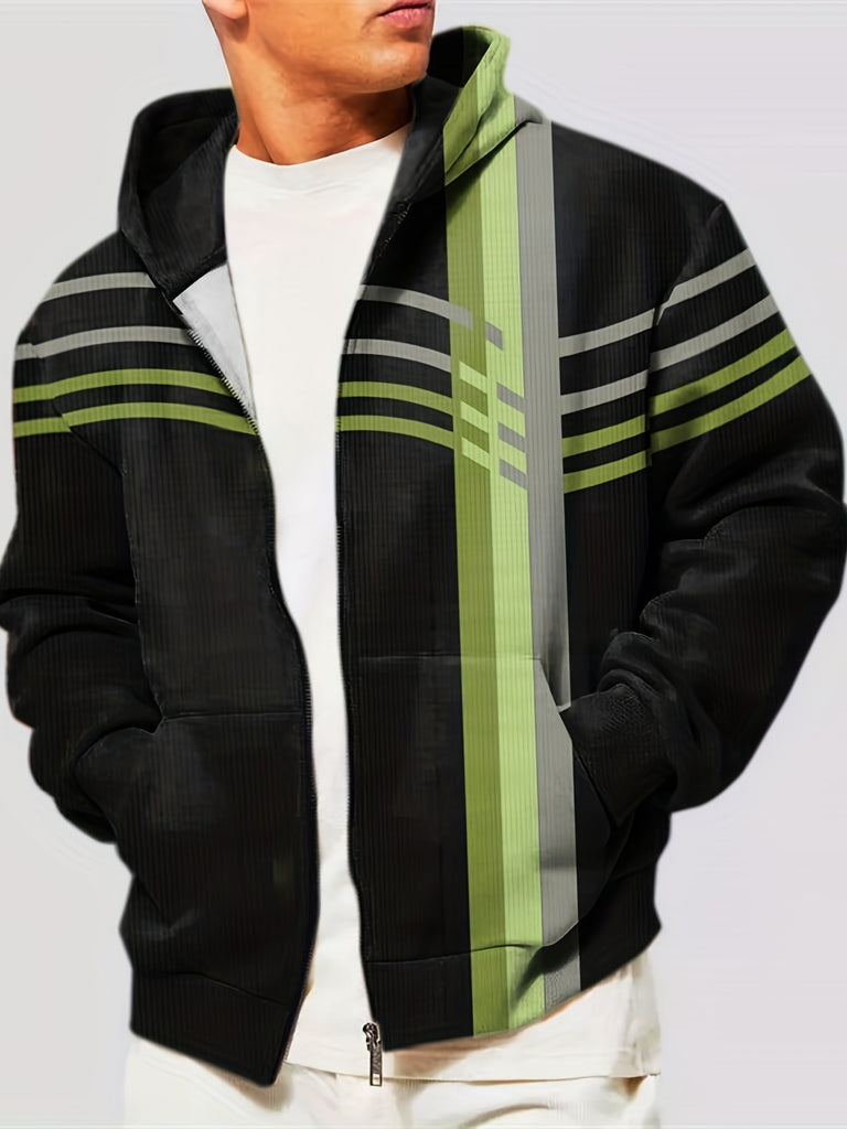 kkboxly  Plus Size Men's Striped Hooded Jacket Oversized Hoodie With Zipper For Autumn/winter, Men's Clothing