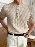 kkboxly  Men's Solid Color Half Button Cable Knit Top