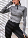 kkboxly  Zipper Collar  Mock Neck Casual Sports Cropped Sweatshirt With Thumb Hole, Solid Color Long Sleeve Active Sweatshirt, Women's Tops