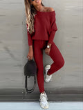 kkboxly Casual Solid Sports Two-piece Set, With Slanted Shoulder Long Sleeve Hoodies & Tied Striped Pants Set, Women's Clothing