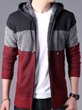 kkboxly  Color Block Hooded Cardigan Jacket, Men's Casual Stylish Slightly Stretch Zip Up Sweater For Spring Fall