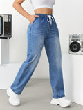 kkboxly  Women's Casual Jeans, Plus Size Drawstring Waistband Whiskering Washed Blue Comfy Denim Pants
