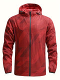 kkboxly  Men's Casual Geometric Print Windbreaker Jacket, Chic Hooded Thin Lightweight Outdoor Jacket