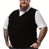 Plus Size Men's Solid Knit Sweater, Fashion Casual Sleeveless V-neck Pullover Sweater For Spring/autumn, Men Clothing