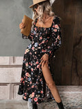 Floral Print Split Thigh Dress, Elegant Squared Neck Long Sleeve Dress, Women's Clothing