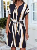 kkboxly  Wave Print Dress, Casual Notch Neck Short Sleeve Midi Dress, Women's Clothing