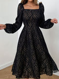 kkboxly  Semi-Sheer Solid Dress, Elegant Squared Neck Lantern Sleeve Dress, Women's Clothing